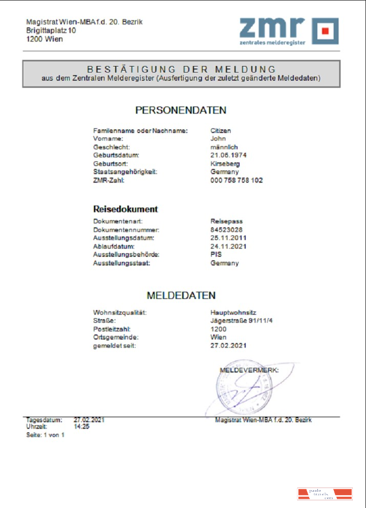 Austria ZMR Zentrales Melderegister Central register of residents document template in Word format